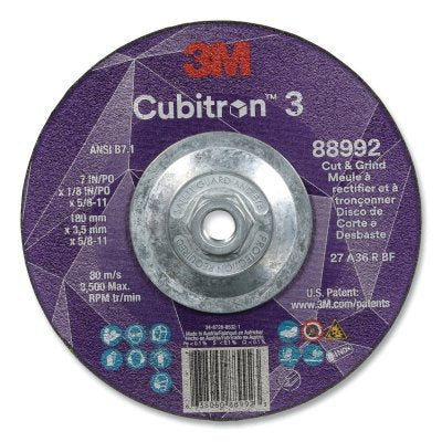 3M 7100313195 Cubitron 3 Cut and Grind Wheel 7 in Dia x 1/8 in Thick x 5/8 in-11 Arbor 36+ Grit T27