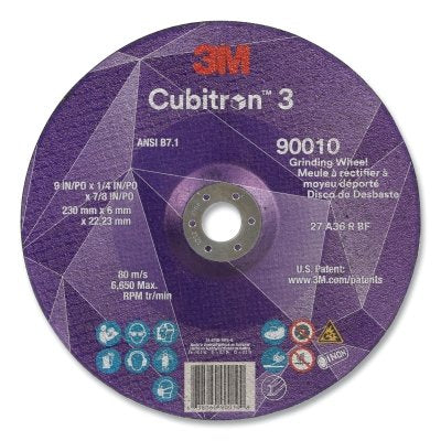 3M 7100313202 Cubitron 3 Depressed Center Grinding Wheel 36+ Grit 9 in dia x 1/4 in Thick x 7/8 in Arbor T27