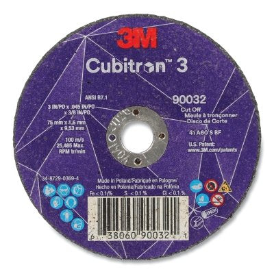 3M 7100303858 Cubitron 3 Cut-Off Wheel 3 in Diameter 0.045 in Thick 3/8 in Arbor 60+ Grit T1