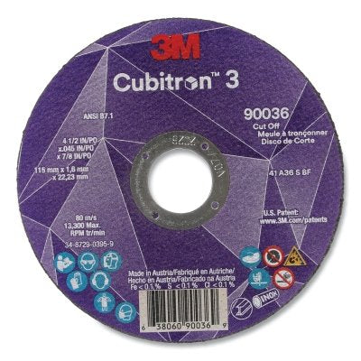 3M 7100304006 Cubitron 3 Cut-Off Wheel 36+ Grit 4-1/2 Inches Diameter x 7/8 Inches Arbor