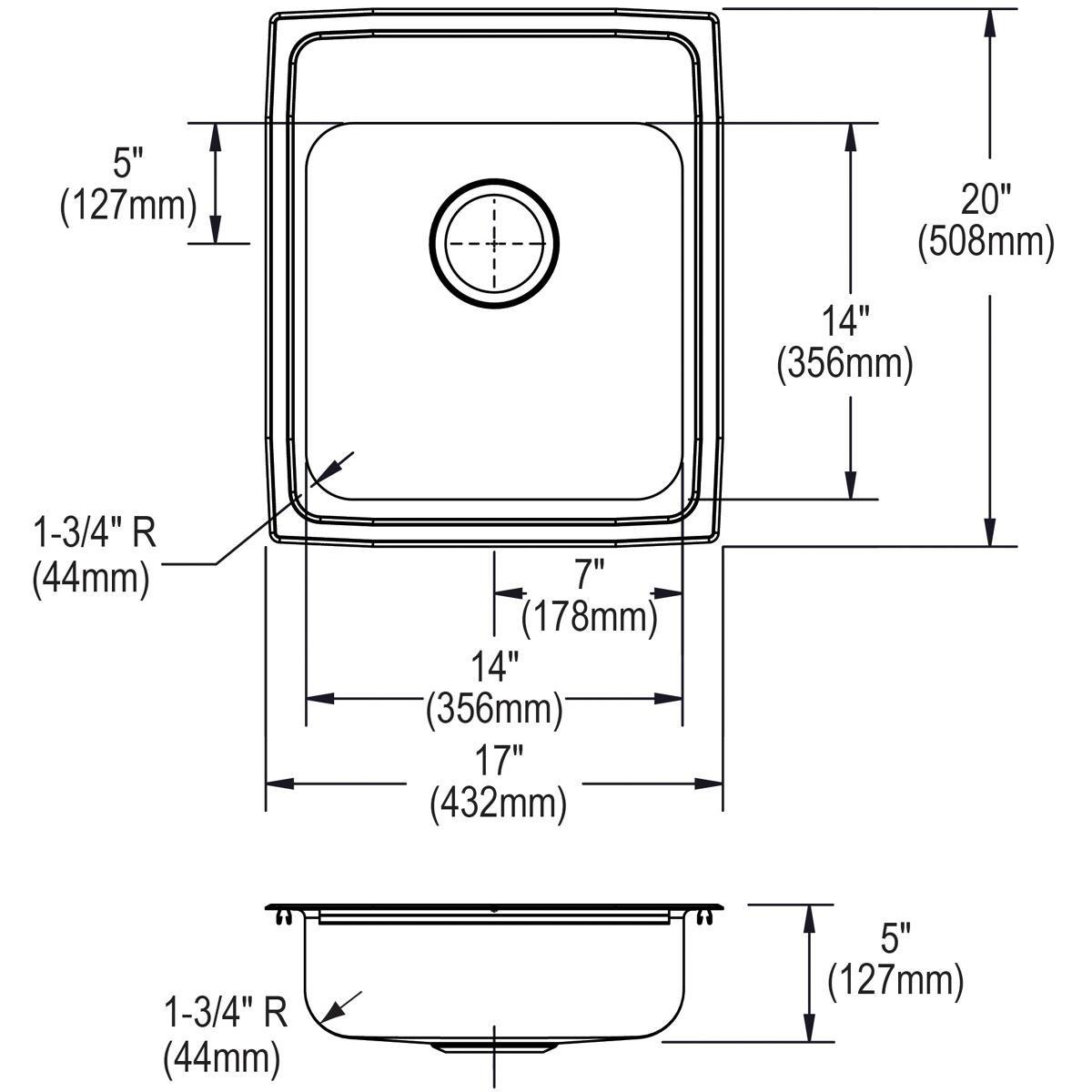 Elkay LRAD1720501 Lustertone 17 x 20 in. 1 Hole Stainless Steel Single Bowl Drop-in Kitchen Sink