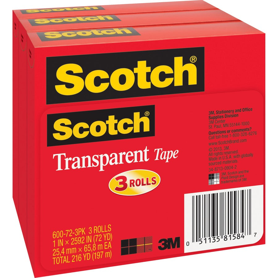 3M 3M MMM600723PK Transparent Tape 72 yd x 1 inches (3 Pack) 600-72-3PK