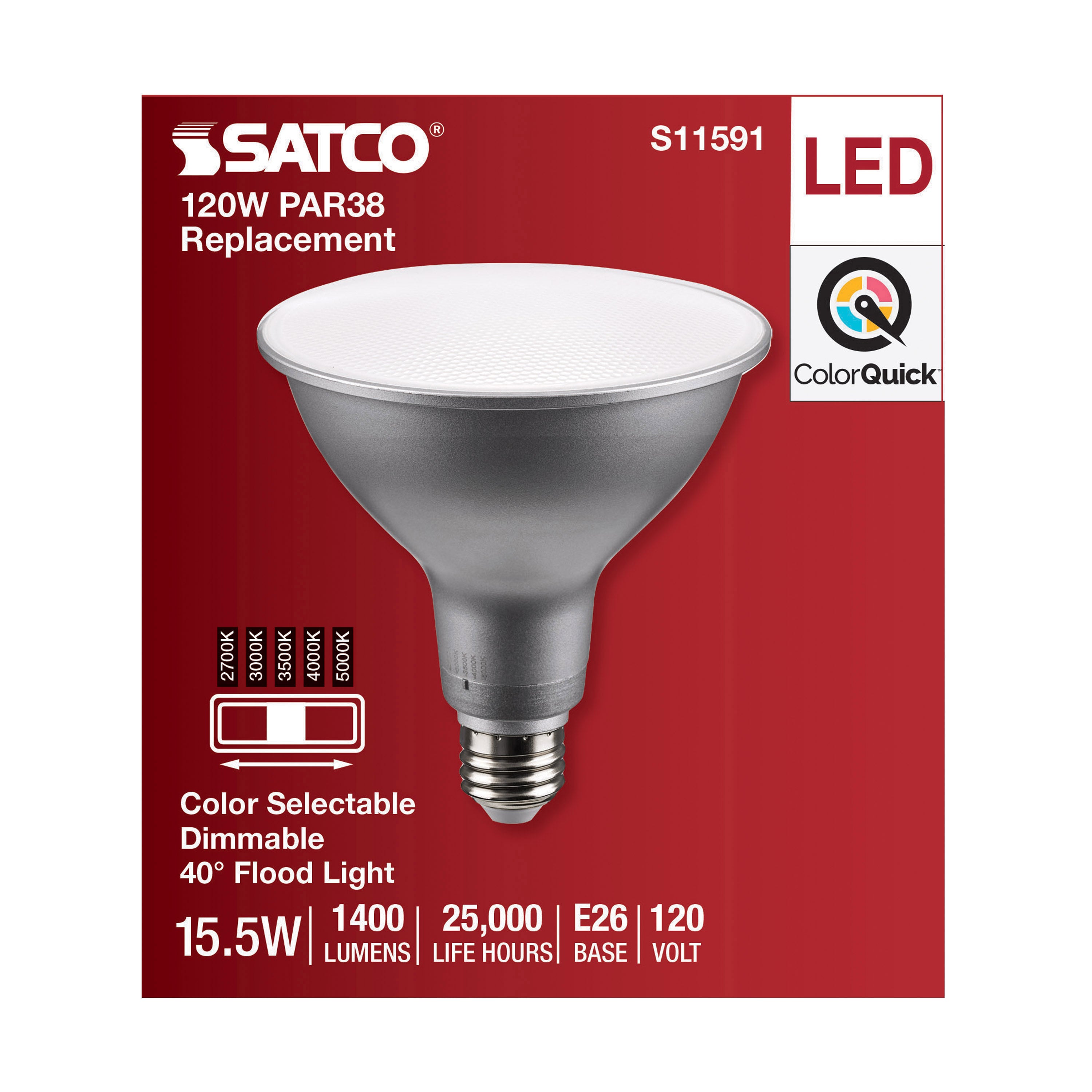 SATCO S11591 PAR Lamp, 15.5 W, 120 W Incandescent Equivalent, E26 Medium Lamp Base LED Lamp, PAR38 Shape, 1400 Lumens