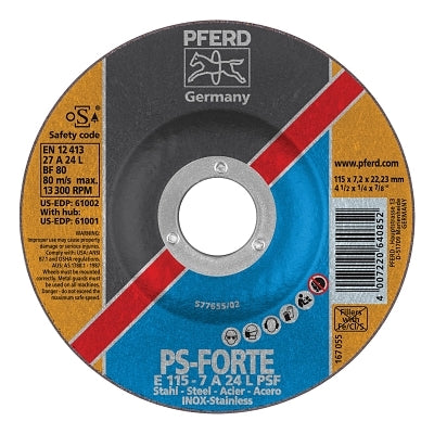 Pferd 61002 Depressed Center Wheel 4 1/2 in Dia 1/4 Thick 7/8 Arbor 24 Grit Alum Oxide