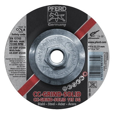 Pferd 61220 CC-Grind Solid Performance Line SG Steel Grinding Disc, Ceramic, 4-1/2 in dia, 5/8-11 in Arbor, 24 Grit