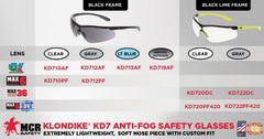 MCR Safety KD710PF Klondike KD7 Series Safety Glasses Polycarbonate Clear Lens Black Frame MAX6 Anti-Fog