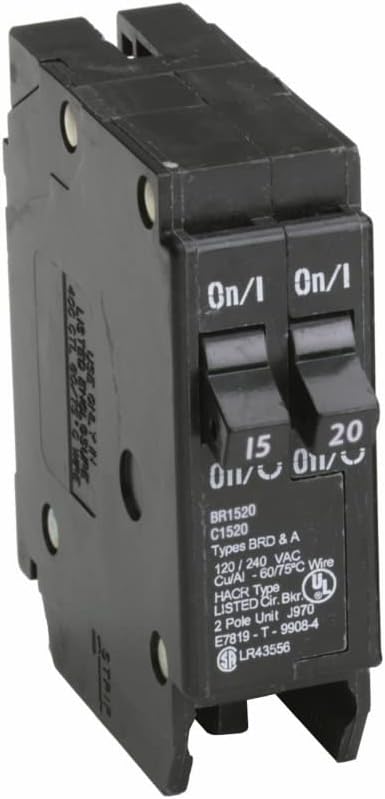 Eaton BR1520 Type BR Duplex Circuit Breaker, 120/240 VAC, 15 to 20 A, 10 kA Interrupt, 1 Poles