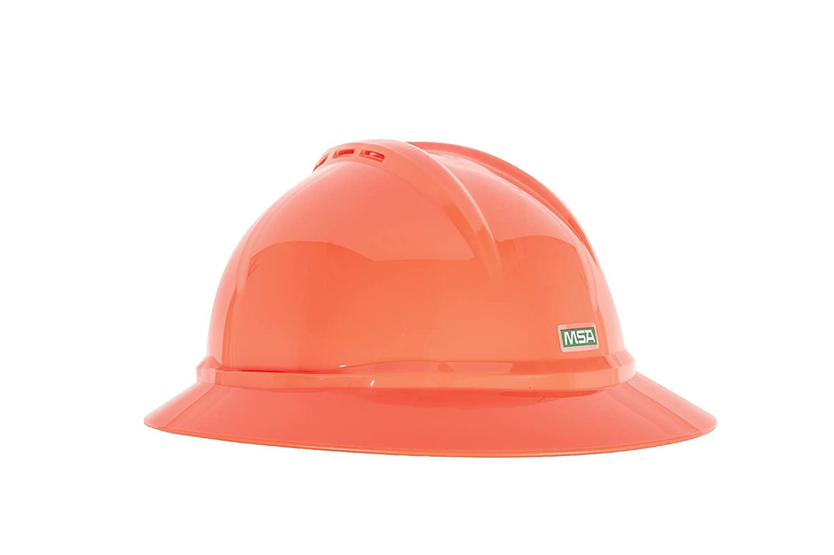 MSA 10167921 V-Gard 500 Full-Brim Hard Hat With Fas-Trac III Ratchet Suspension | Polyethylene Shell, Standard Size in Hi-Viz Orange