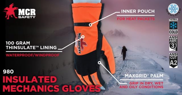 MCR Safety 980M Insulated Mechanics Gloves Thinsulate Lining MAXGrid Material Palm Medium