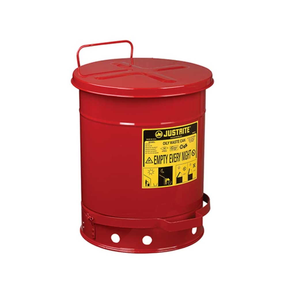 Justrite 9300 10 Gallon Red Galvanized Steel Oily Waste Can Foot Lever Opening Device