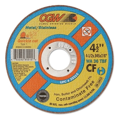 CGW Abrasives 35515 Quickie Cut Contaminate Free Cut-Off Wheel 4-1/2 in Dia 0.045 in Thick 7/8 in Arbor 36 Grit Alum. Oxide