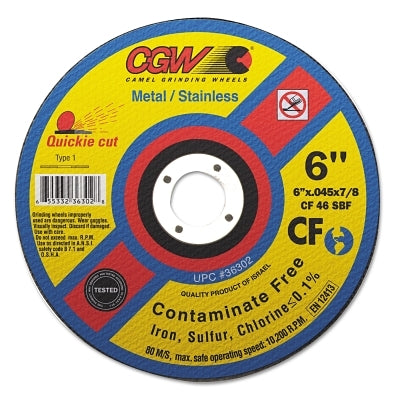 CGW Abrasives 36302 Contaminate Free Cut-Off Wheel 6 in Dia 36 Grit Alum Oxide