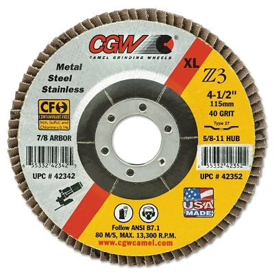 CGW Abrasives 42712 Premium Z3 Reg T27 Flap Disc, 7 in dia, 40 Grit, 5/8 in-11 Arbor, 8,600 RPM