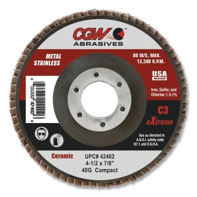 Cgw Abrasives 42412 Contaminant-Free Compact Regular Coated Abrasive Flap Disc 4-1/2 Inches Diameter 40 Grit Medium Grade C3