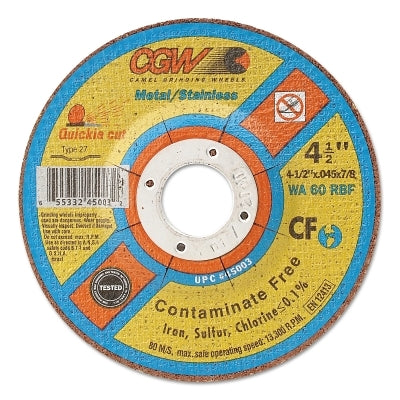 CGW Abrasives 45003 Contaminate Free Cut-Off Wheel 4 1/2 in Dia .045 in Thick 60 Grit Alum Oxide