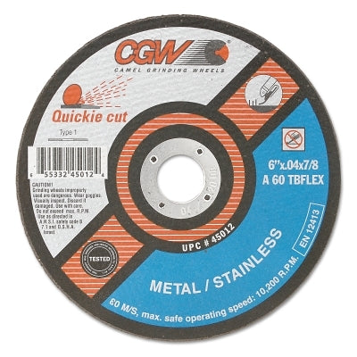 CGW Abrasives 45012 Quickie Cut Type 1 Extra Thin Cut-Off Wheel, 6 in dia, 0.040 in Thick, 7/8 in Arbor, 60 Grit