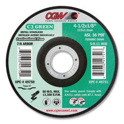 CGW Abrasives 49750 C3 Green Grinding Wheel 36 Grit 4-1/2 in dia 1/8 in Thick Type 27 13300 RPM