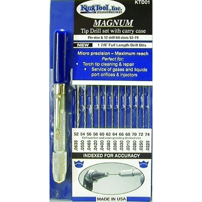 King Tool KTD01 MAGNUM Tip Drill Set Size 52 to 74 Includes 12 Even Number Drills Indexed Carry Case Pin Vise