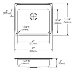 Elkay LRAD2521603 Lustertone® 25 x 21-1/4 in. 3 Hole Stainless Steel Single Bowl Drop-in Kitchen Sink