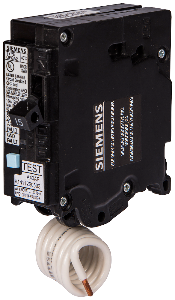 Siemens Q115DF 1-Pole 15A 120V AC Dual Function Arc Fault/Ground Fault (AFCI/GFCI) Circuit Breaker, Plug-On, 10kA