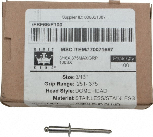 RIVETKING Rivetking. FBF66/P100 Size 66 Stainless Steel Blind Rivet 100pk