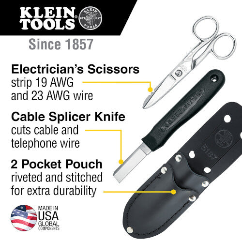 Klein Tools 46037 Cable Splicer's Kit - Knife, Scissors, 2-Pocket Pouch