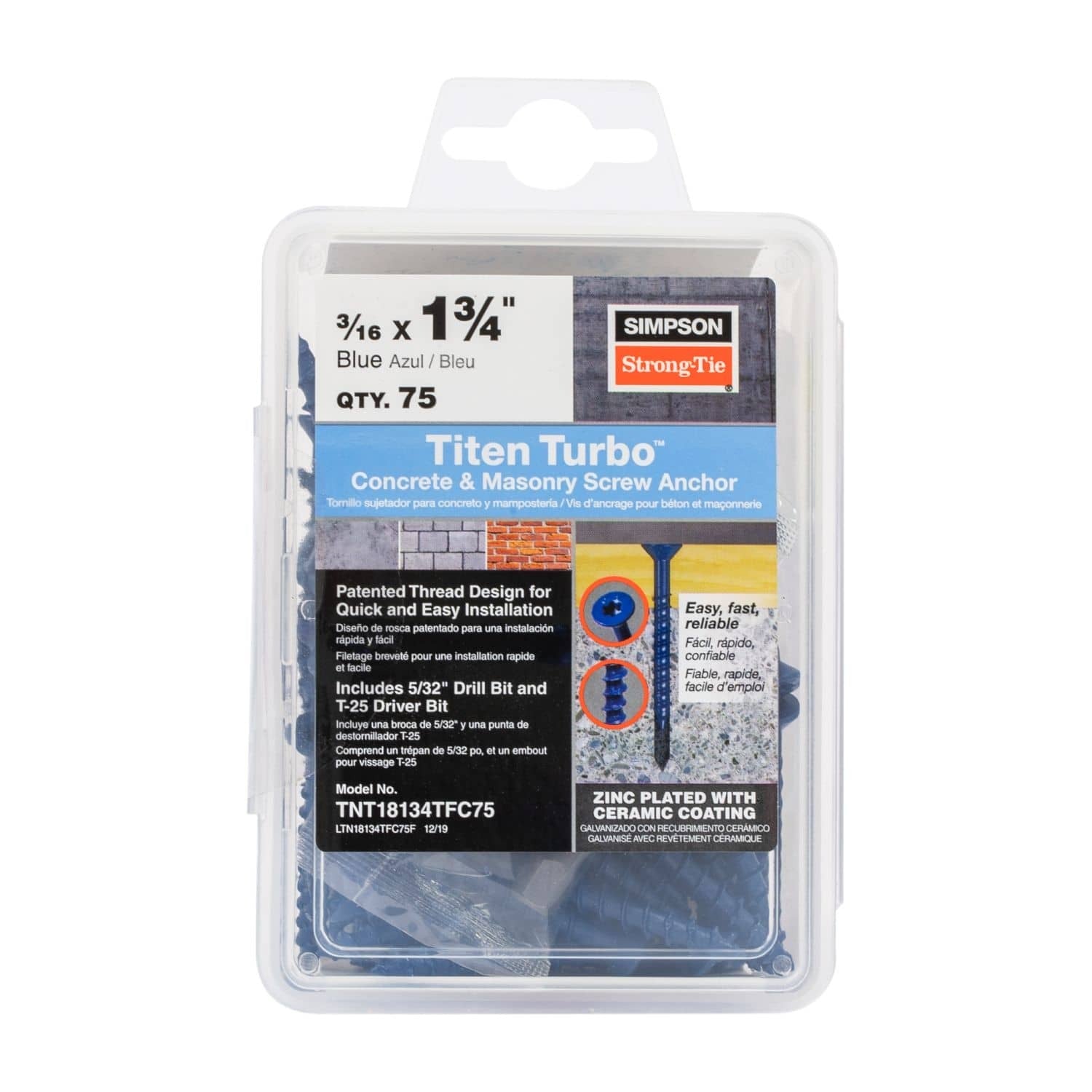 SIMPSON STRONG-TIE Simpson Strong-Tie TNT18134TFC75 Titen Turbo Flat Head Concrete Screw (3/16 x 1-3/4 in, 75-Pack)