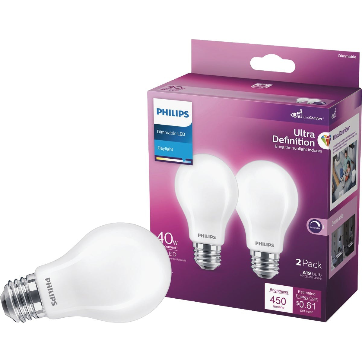 PHILIPS Bsc Preferred 573428 A19 40W Dimmable Led Bulb 2-pack