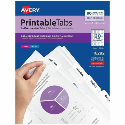 AVERY Avery AVE16282 Printable Plastic Tabs 1.75 in White 80 Pack