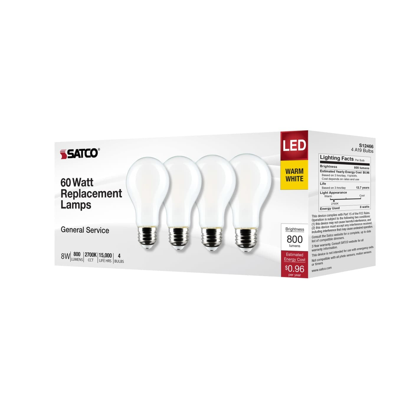 SATCO Satco S12466 8W A19 LED Lamp 4-Pack