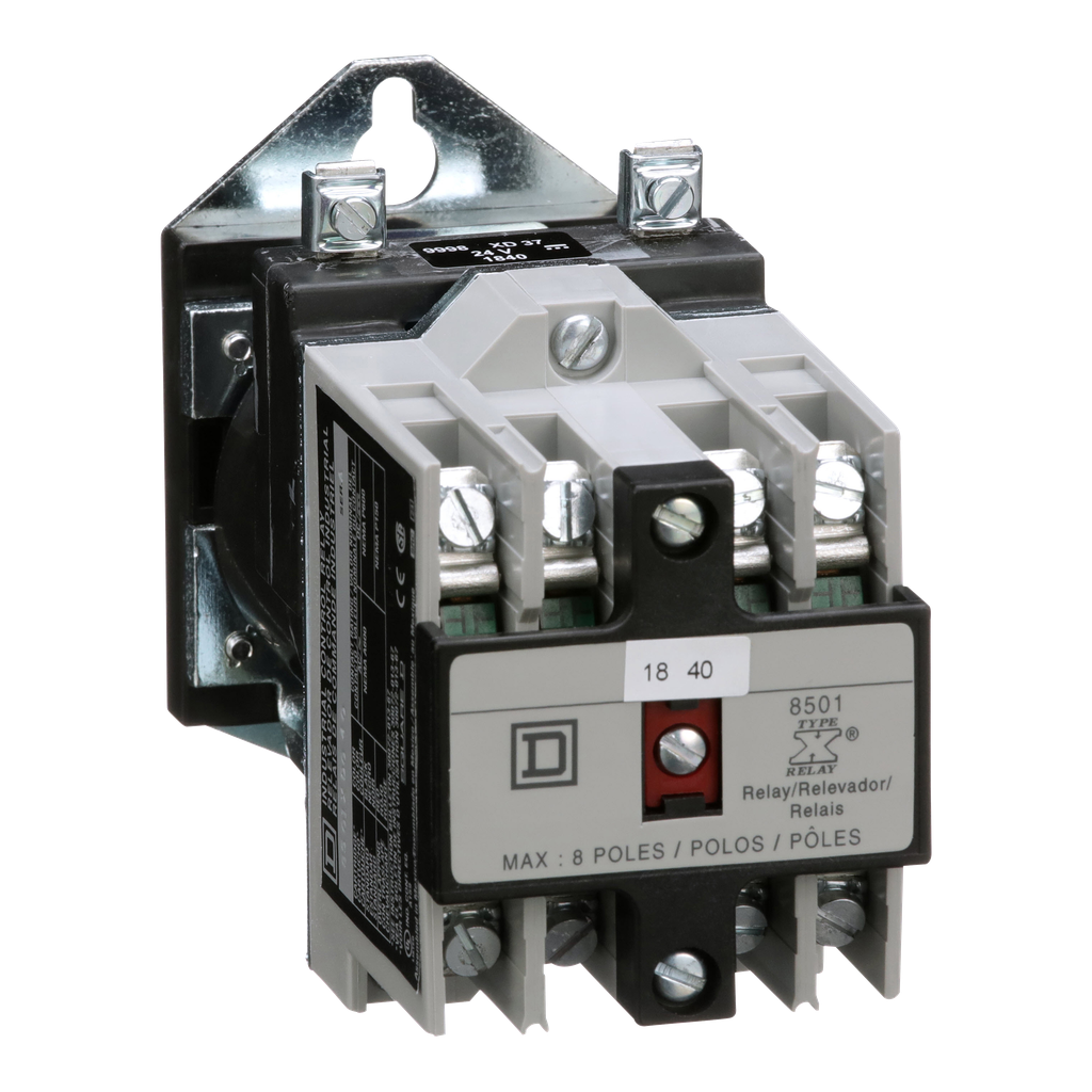 Square D 8501XDO40V53 24 VDC 10/5 Amp 4-Pole 4NO Panel Mount DC Operated Control Relay