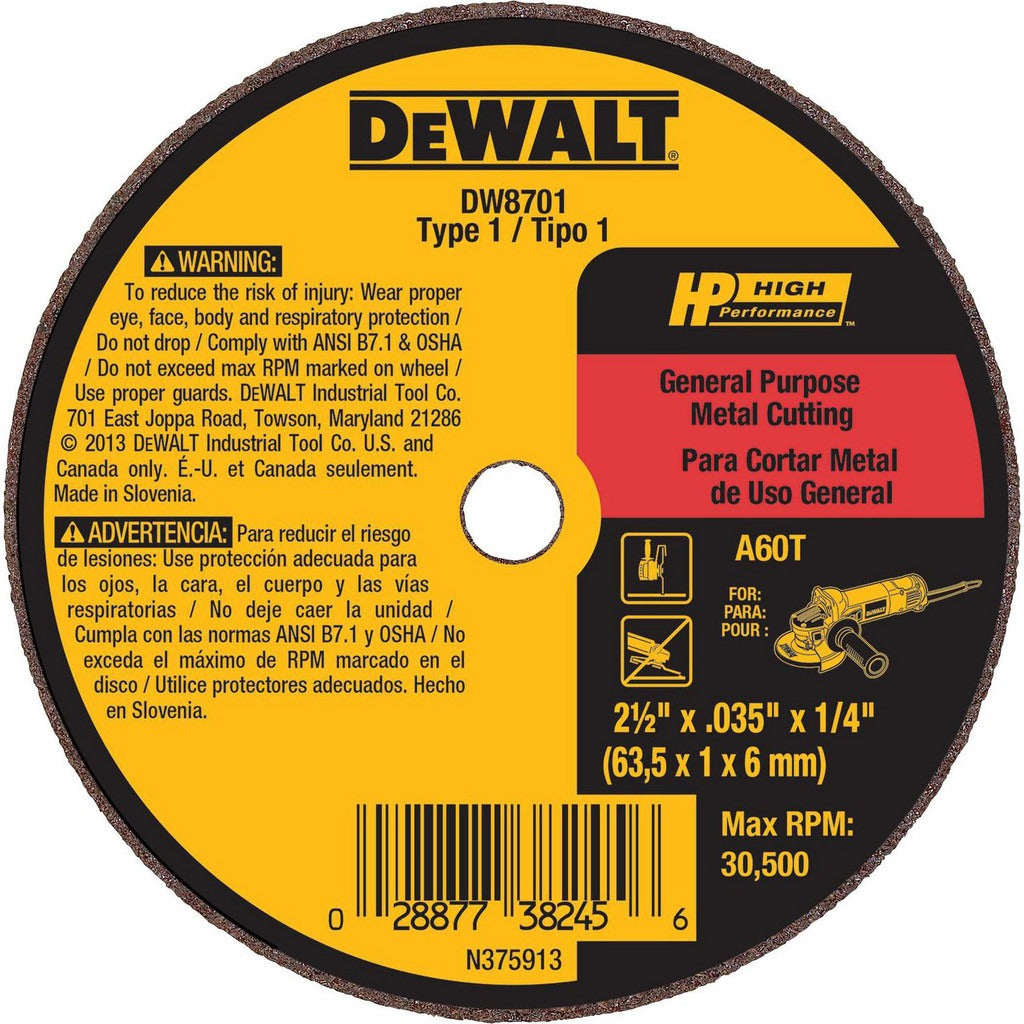 DEWALT Dewalt DW8701 Type 1 Cut-off Wheel 2.5in 60 Grit