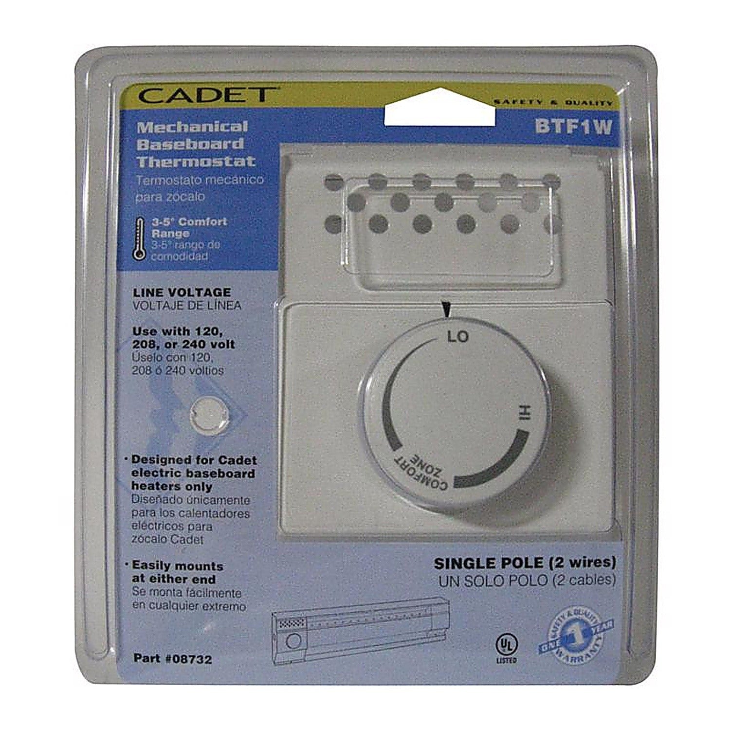 CADET Cadet 08732 Single Pole Built-In Baseboard Thermostat 22 Amp (Model BTF1W)