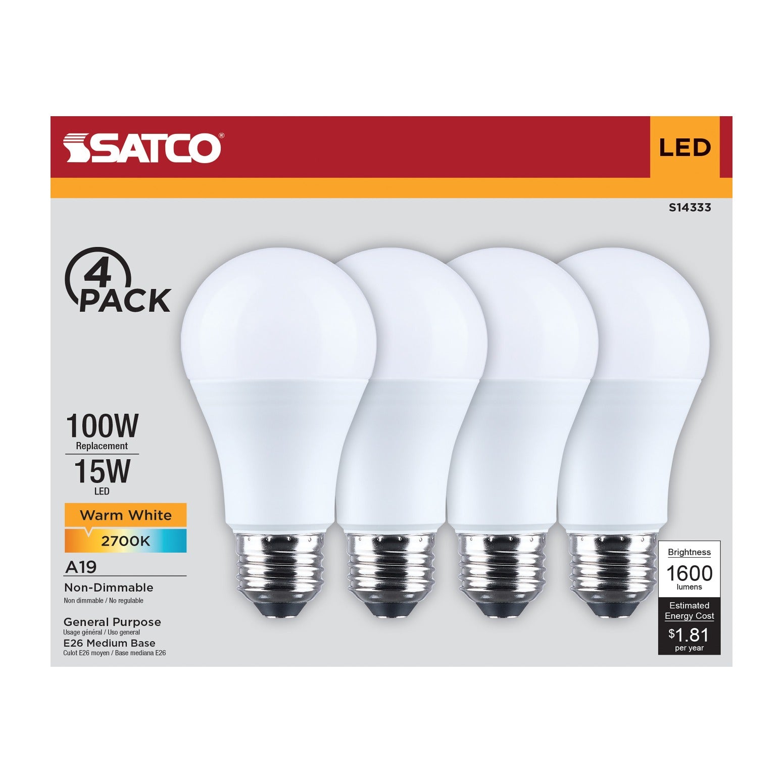 SATCO Satco S14333 LED A19 Medium Base 15W (4-Pack)