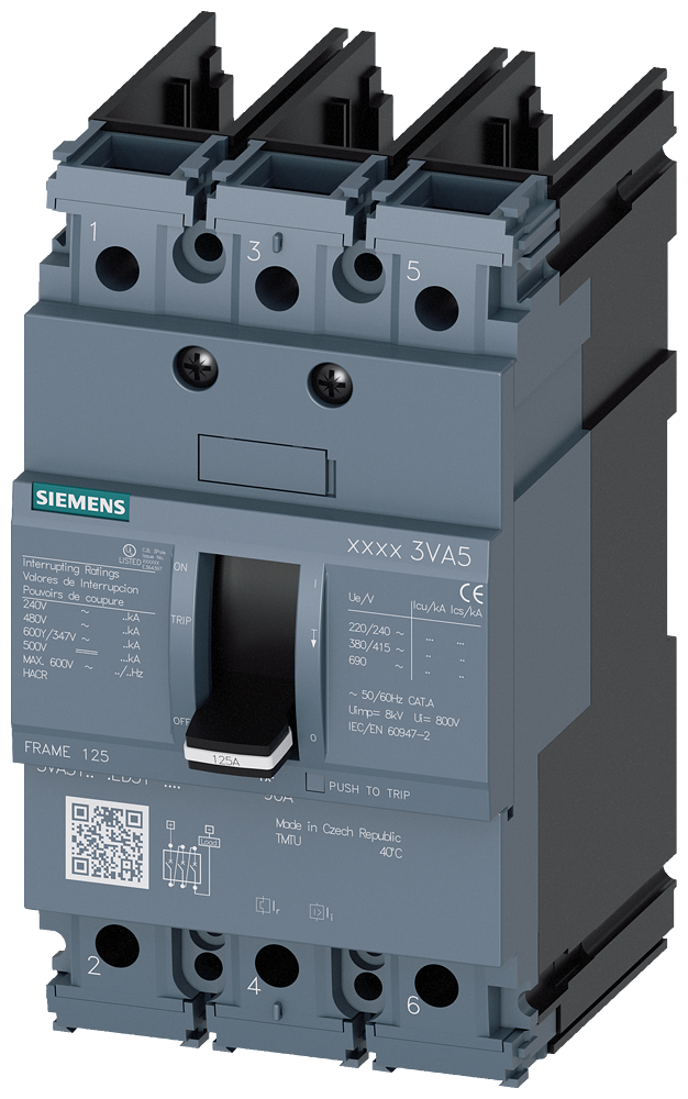 Siemens 3VA5180-4ED31-0AA0 Molded Case Circuit Breaker 690 VAC/500 VDC 80 A 25 kA Interrupt 3 Poles