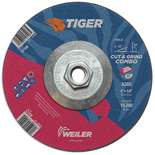 Weiler 57108 Tiger AO Type 27 Cut/Grind Combo Wheel 6 Inch Diameter x 1/8 Inch Thickness 5/8-11 Nut Pack of 10