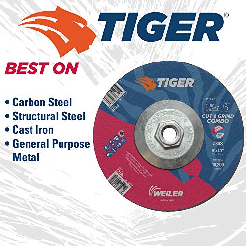 Weiler 57108 Tiger AO Type 27 Cut/Grind Combo Wheel 6 Inch Diameter x 1/8 Inch Thickness 5/8-11 Nut Pack of 10