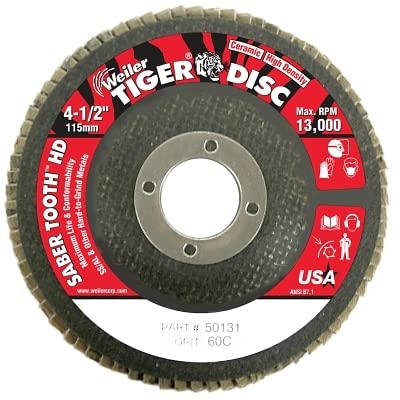 Weiler 50131 Saber Tooth 7/8 Arbor, 4-1/2 Diameter, 60 Grit, Ceramic, Phenolic Backing, Flat High Density Abrasive Flap Disc