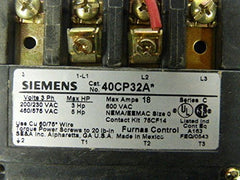 Siemens 40CP32AA Contactor 18A Max 3Ph Sz0 120/240V