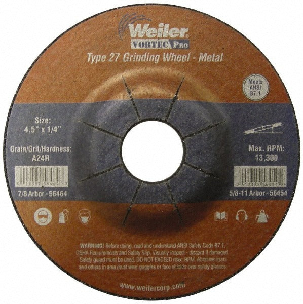 WEILER Weiler 56464 Type 27 Grinding Wheel 4.5in Aluminum Oxide 24G