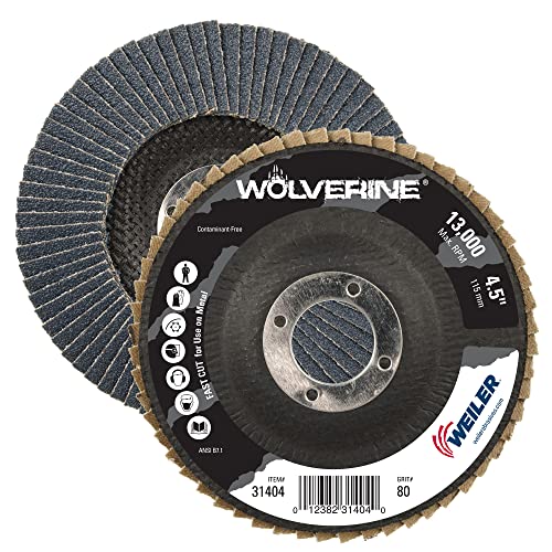 Weiler 31404 Wolverine 4-1/2 x 7/8 Arbor Hole Abrasive Flap Disc 80 Grit Zirconia Alumina Flat Type 27 Phenolic Backing Standard Density Pack of 10