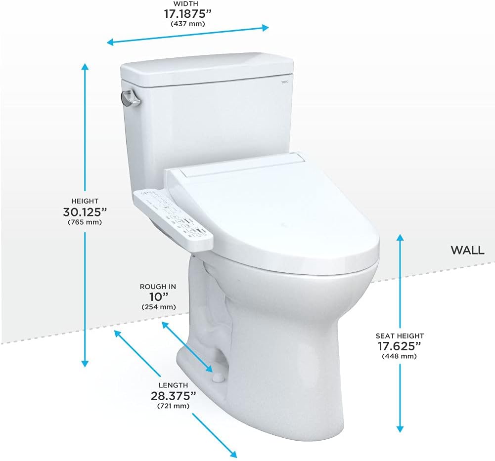 Toto MW7763074CEFG.10#01 Drake Washlet+ Two-Piece Elongated 1.28 GPF Universal Height Tornado Flush Toilet with C2 Bidet Seat, Cotton White, 10 Inch Rough-In