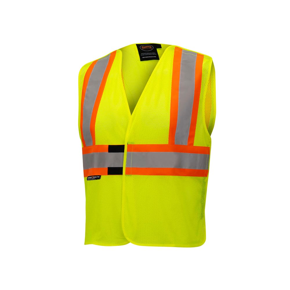 Pioneer V2510860U-2/3XL High Vis Flame Resistant Vest 3 Snap Button Front Mesh Reflective Tape Yellow/Green