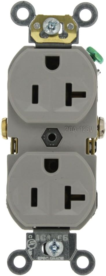 Leviton BR20-GY 20 Amp, 125 Volt, Narrow Body Duplex Receptacle, Straight Blade, Commercial Grade, Self Grounding