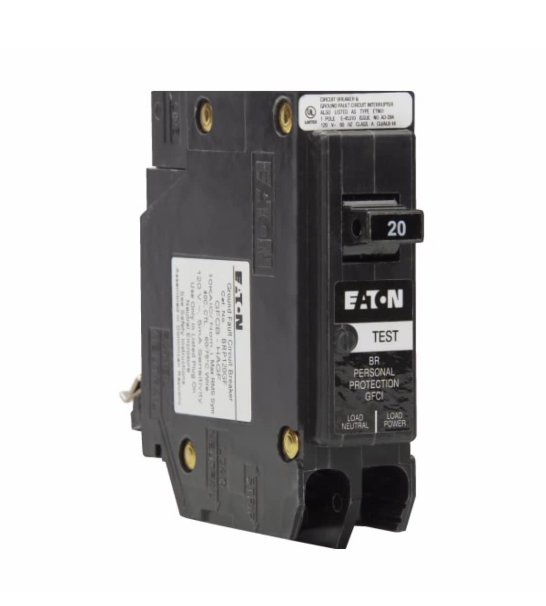 Eaton BRP120GF Breaker, 20A, 1P, 120V, 10 kAIC, Type BR Ground Fault