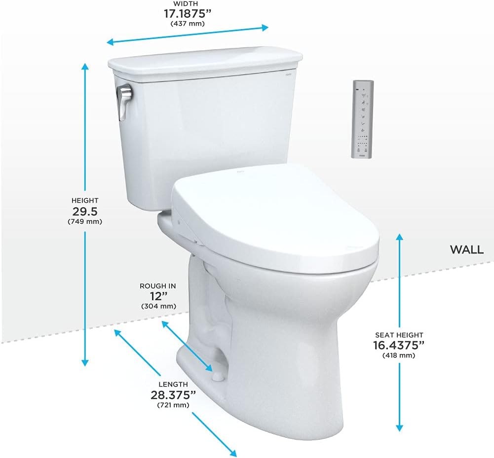 TOTO MW7863046CEG#01 Drake Transitional Washlet+ Two-Piece Elongated 1.28 GPF Tornado Flush Toilet with S500e Bidet Seat Cotton White