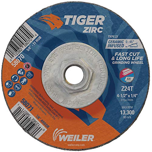 Weiler 58070 Tiger Zirc Grinding Wheel 4-1/2 in x 1/4 in 5/8-11 Nut Pack of 10