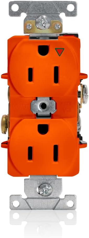 Leviton 5262-IG 15-Amp, 125 Volt, Industrial Series Heavy Duty Specification Grade, Duplex Receptacle, Straight Blade, Isolated Ground, Orange