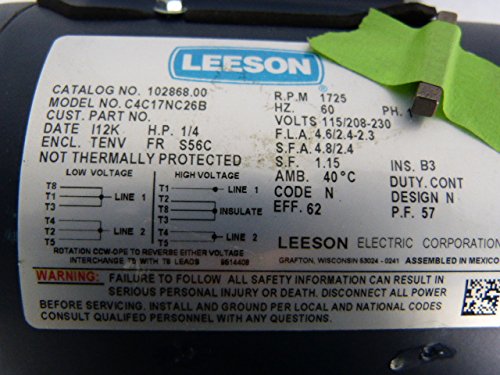 Leeson 102868 Electric Motor 1/4HP 1725RPM Single Phase