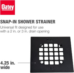 Oatey 42423 Universal 4-1/4 in. Square Snap-Tite Shower Strainer, Matte Black